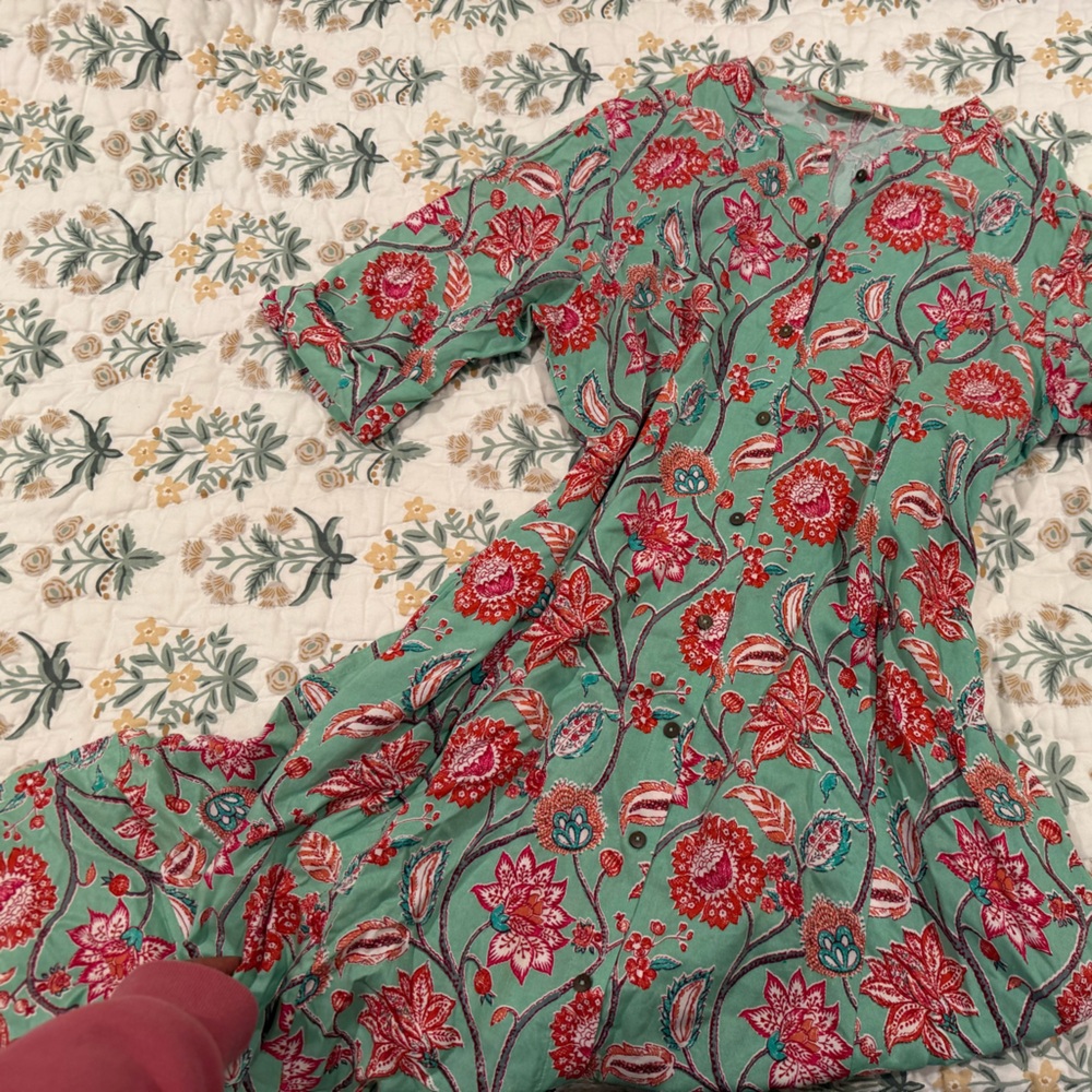 Floral Green and Red Paneled Dress